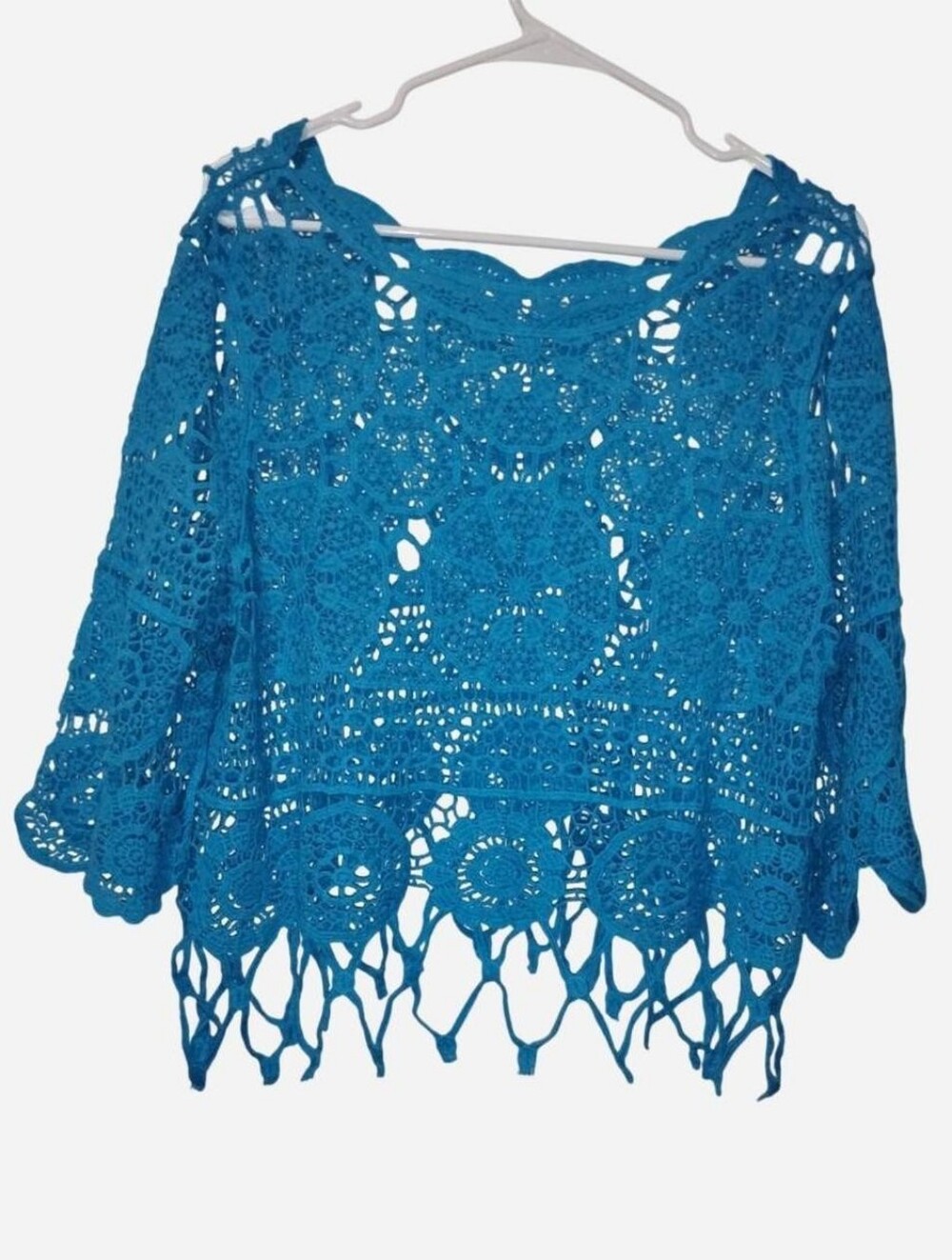 Bright Blue Crochet Lace Short-Sleeve Fringe Crop Top (Size XL)